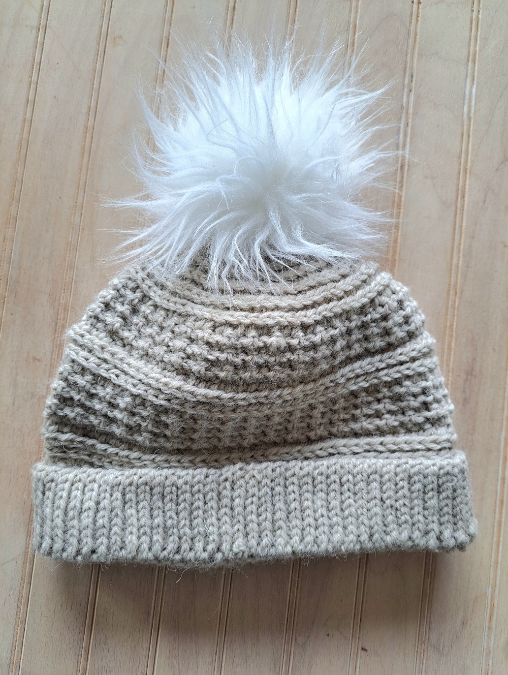 Wool Blend Knit Beanie Hat Faux Fur Pom Pom Winter Cozy Neutral Tan Girls